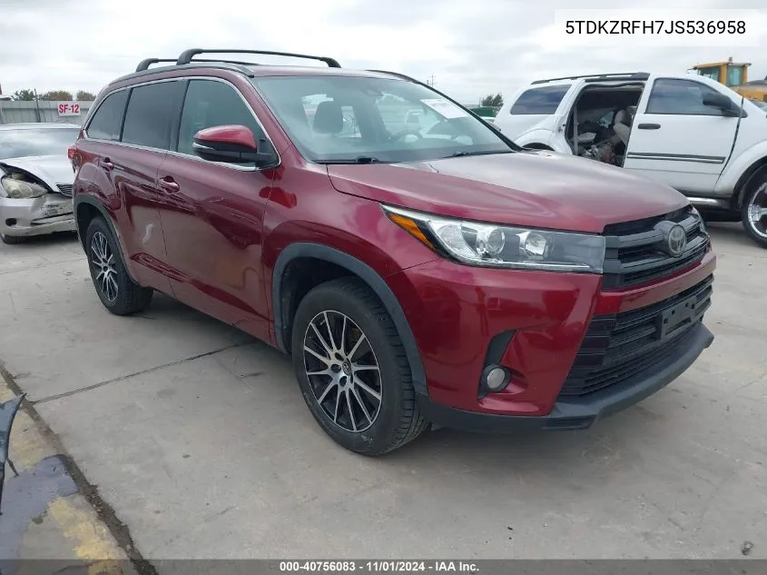 5TDKZRFH7JS536958 2018 Toyota Highlander Se