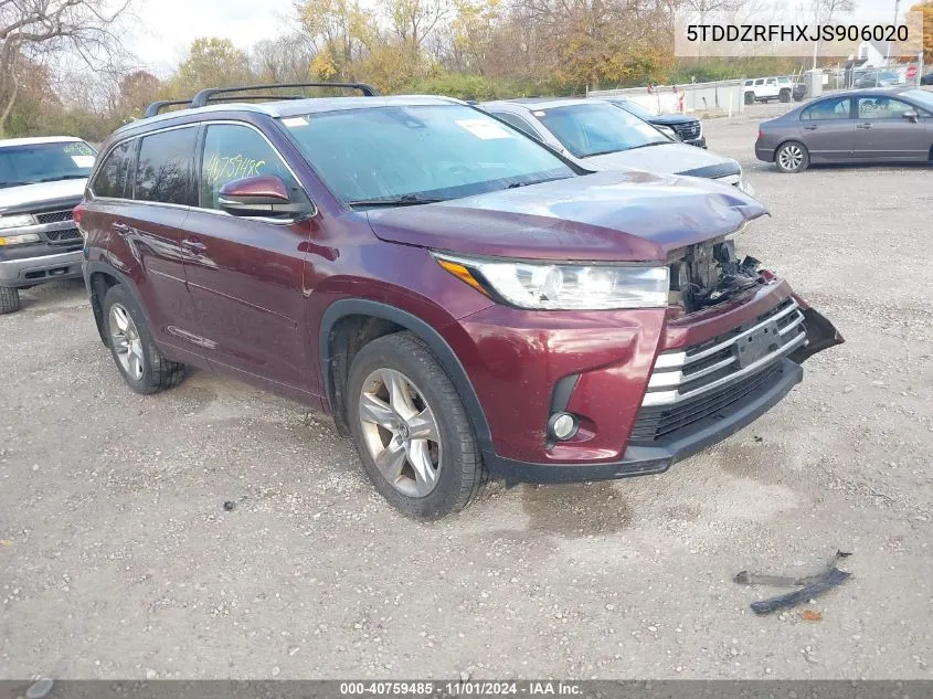 5TDDZRFHXJS906020 2018 Toyota Highlander Limited