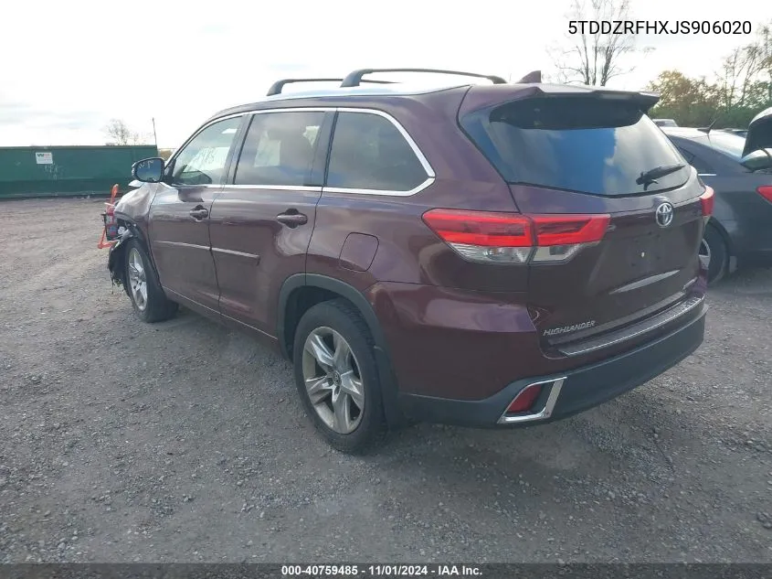 5TDDZRFHXJS906020 2018 Toyota Highlander Limited