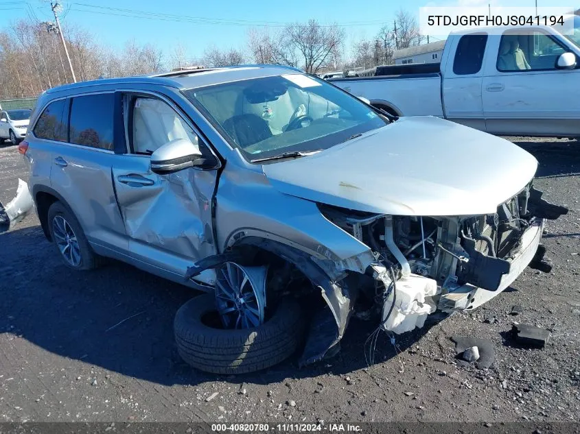 2018 Toyota Highlander Xle VIN: 5TDJGRFH0JS041194 Lot: 40820780