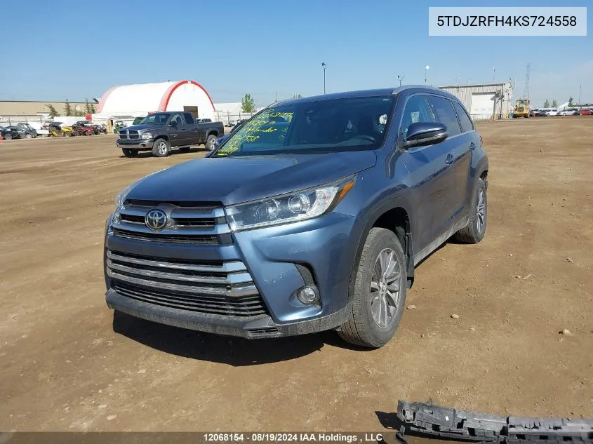 2019 Toyota Highlander Se/Xle VIN: 5TDJZRFH4KS724558 Lot: 12068154