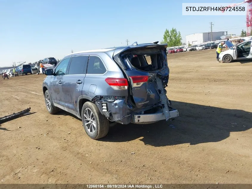 5TDJZRFH4KS724558 2019 Toyota Highlander Se/Xle