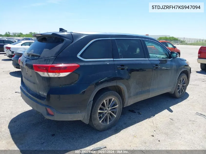 2019 Toyota Highlander Xle VIN: 5TDJZRFH7KS947094 Lot: 39371184