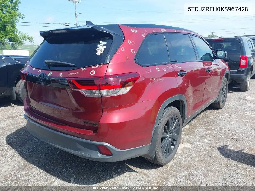 2019 Toyota Highlander Se VIN: 5TDJZRFH0KS967428 Lot: 39492687