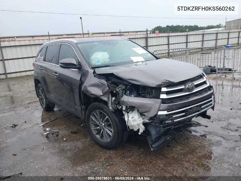 5TDKZRFH0KS560262 2019 Toyota Highlander Xle