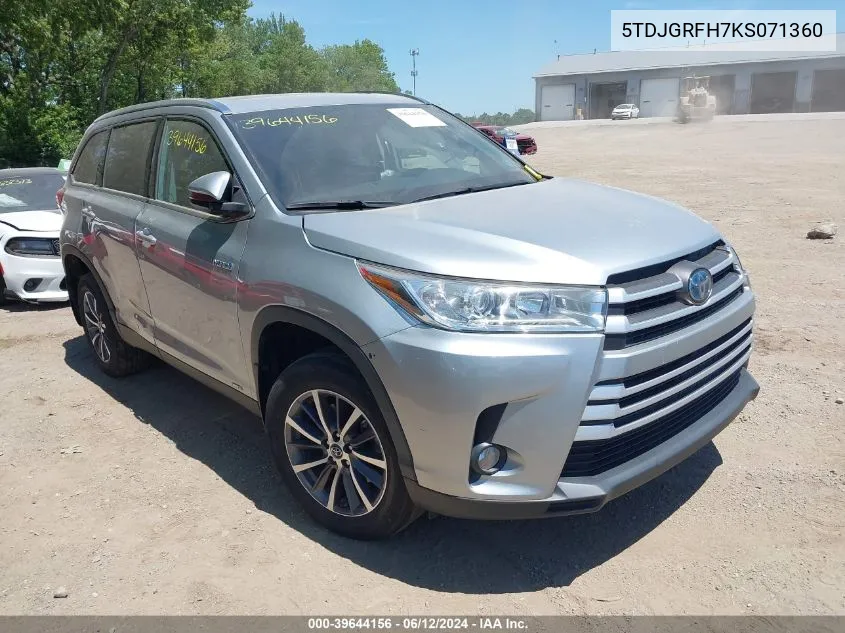 2019 Toyota Highlander Hybrid Xle VIN: 5TDJGRFH7KS071360 Lot: 39644156