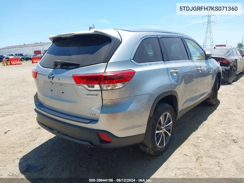 2019 Toyota Highlander Hybrid Xle VIN: 5TDJGRFH7KS071360 Lot: 39644156