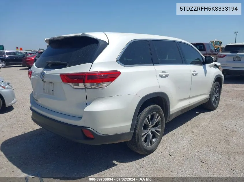 5TDZZRFH5KS333194 2019 Toyota Highlander Le