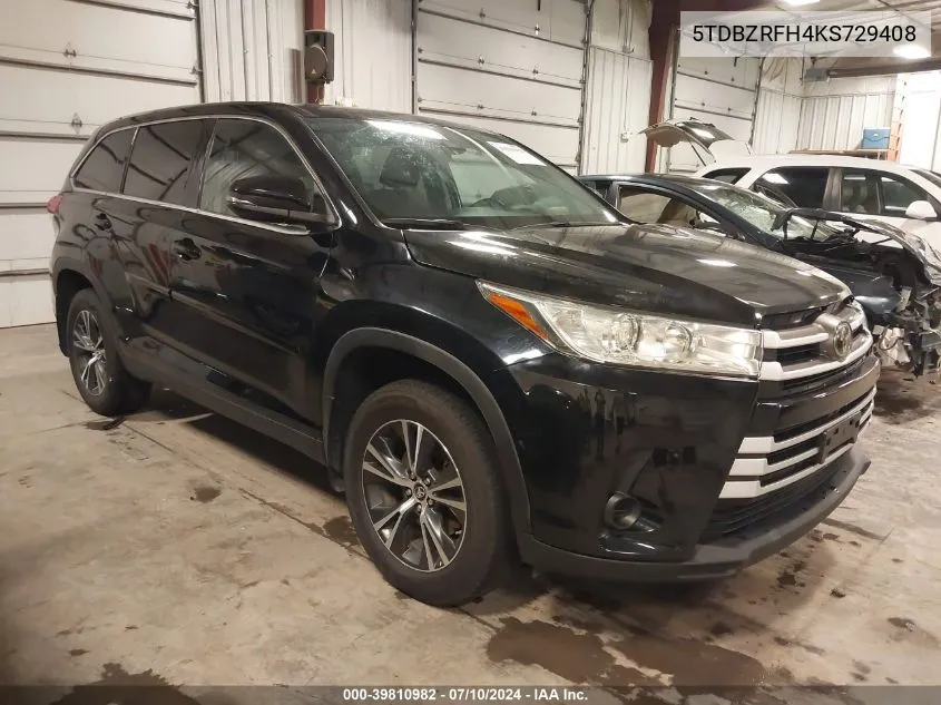 2019 Toyota Highlander Le VIN: 5TDBZRFH4KS729408 Lot: 39810982