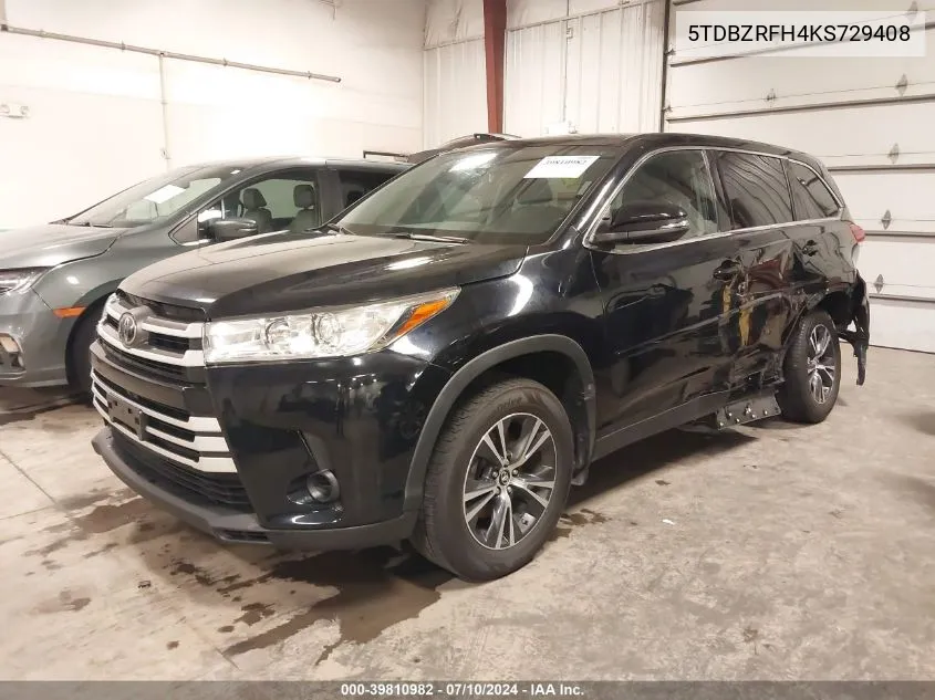 2019 Toyota Highlander Le VIN: 5TDBZRFH4KS729408 Lot: 39810982