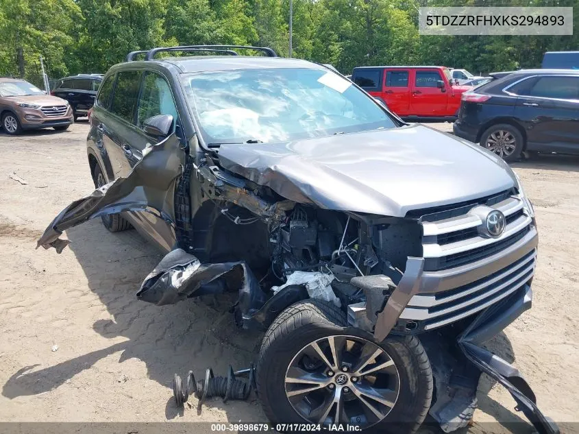 2019 Toyota Highlander Le VIN: 5TDZZRFHXKS294893 Lot: 39898679