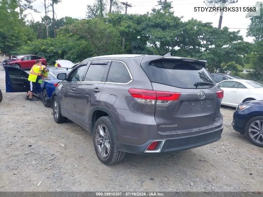 5TDYZRFH3KS315563 2019 Toyota Highlander Limited Platinum