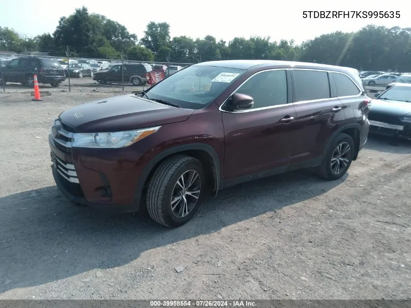 2019 Toyota Highlander Le VIN: 5TDBZRFH7KS995635 Lot: 39958554