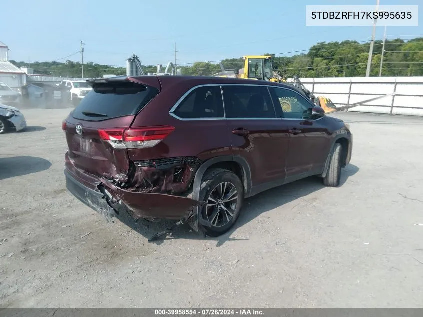 2019 Toyota Highlander Le VIN: 5TDBZRFH7KS995635 Lot: 39958554