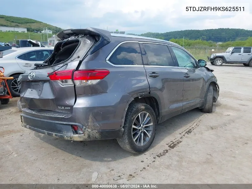 2019 Toyota Highlander Xle VIN: 5TDJZRFH9KS625511 Lot: 40050638