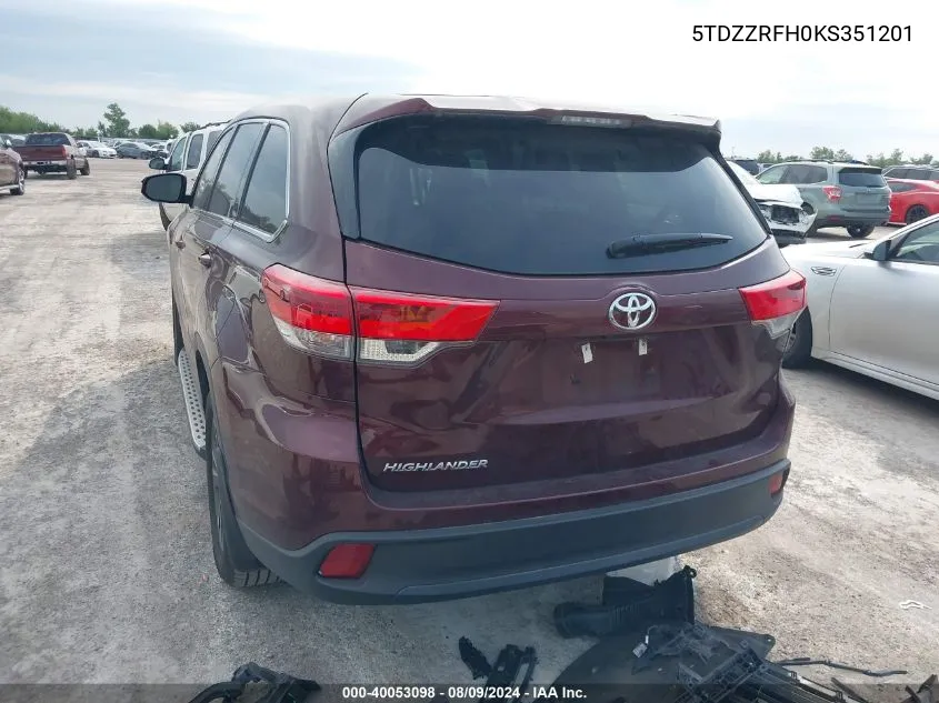 2019 Toyota Highlander Le VIN: 5TDZZRFH0KS351201 Lot: 40053098