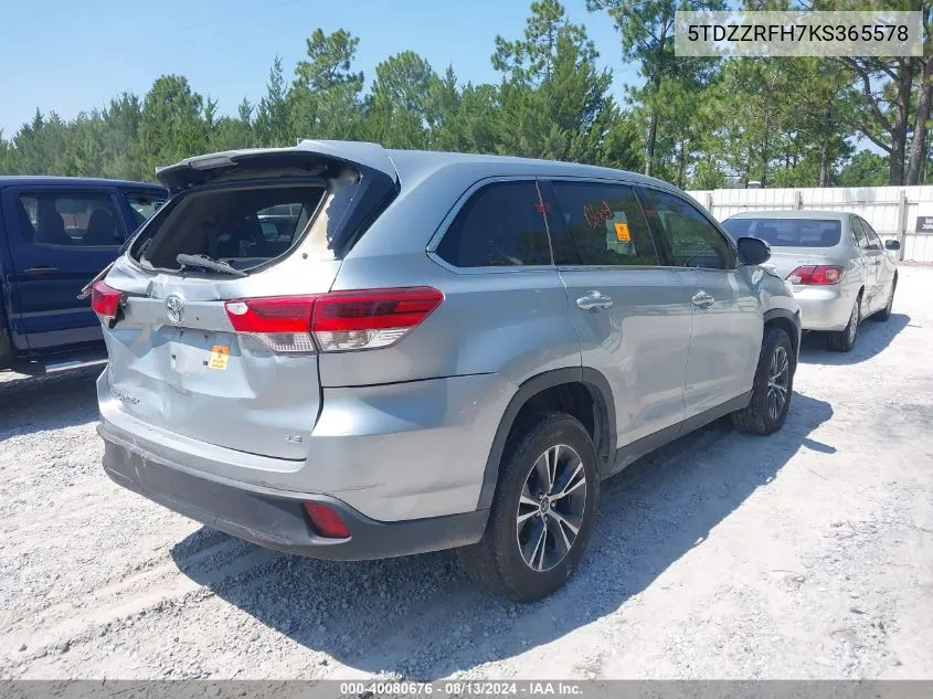 2019 Toyota Highlander Le/Le Plus VIN: 5TDZZRFH7KS365578 Lot: 40080676