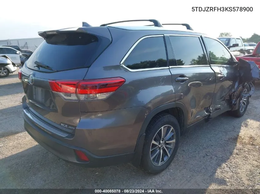 2019 Toyota Highlander Xle VIN: 5TDJZRFH3KS578900 Lot: 40085078