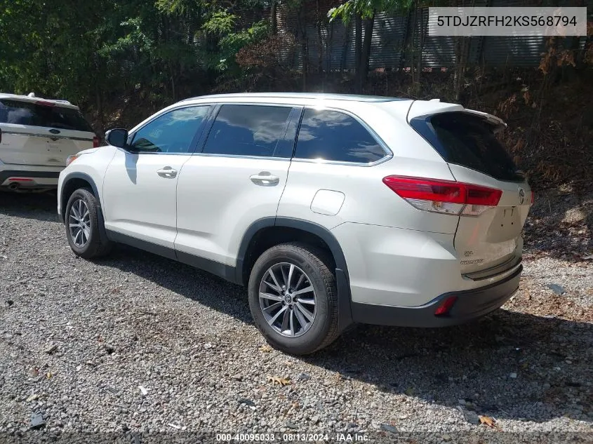 2019 Toyota Highlander Xle VIN: 5TDJZRFH2KS568794 Lot: 40095033