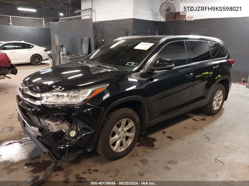 5TDJZRFH9KS598021 2019 Toyota Highlander Xle