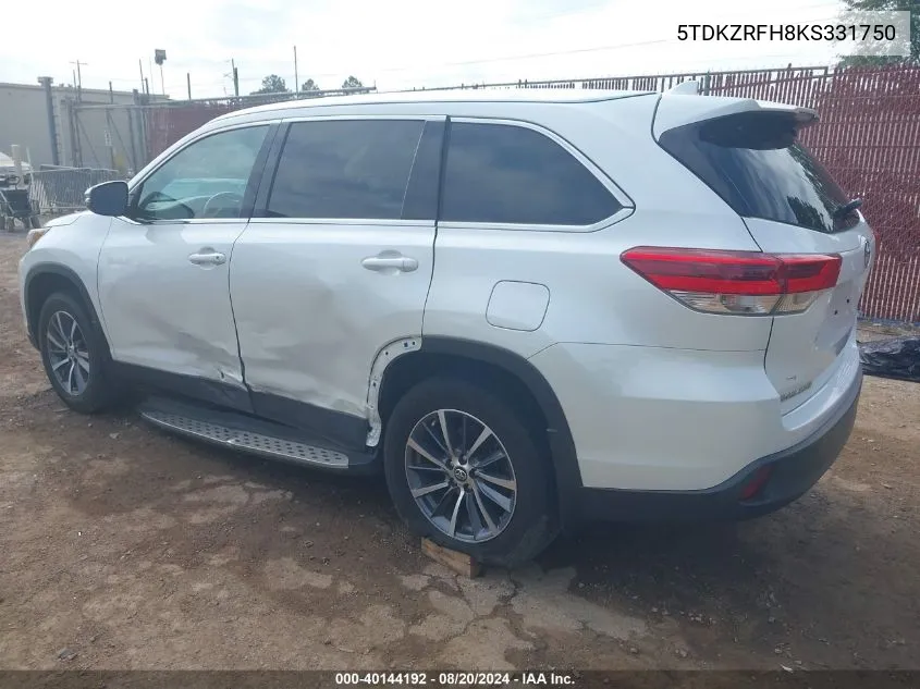 2019 Toyota Highlander Xle VIN: 5TDKZRFH8KS331750 Lot: 40144192