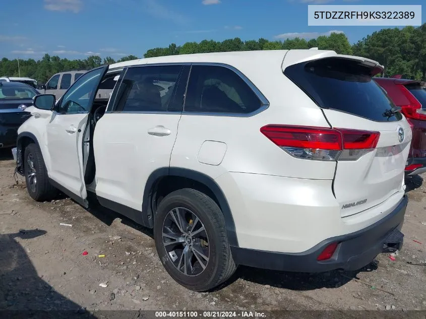 2019 Toyota Highlander Le Plus VIN: 5TDZZRFH9KS322389 Lot: 40151100