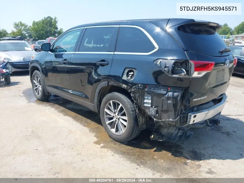 2019 Toyota Highlander Xle VIN: 5TDJZRFH5KS945571 Lot: 40204761