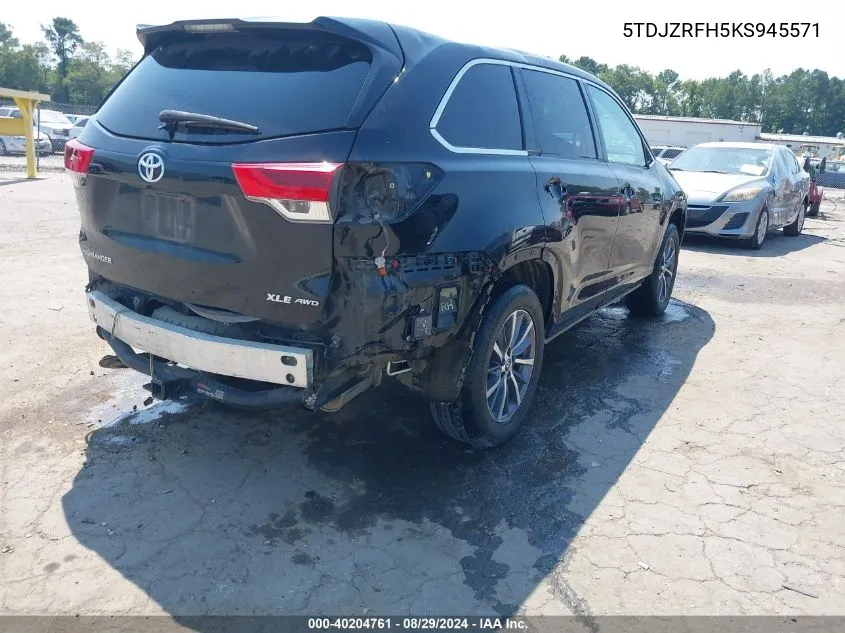 2019 Toyota Highlander Xle VIN: 5TDJZRFH5KS945571 Lot: 40204761