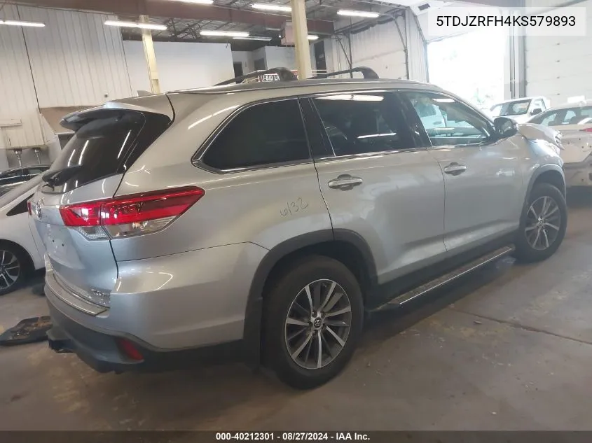 2019 Toyota Highlander Xle VIN: 5TDJZRFH4KS579893 Lot: 40212301