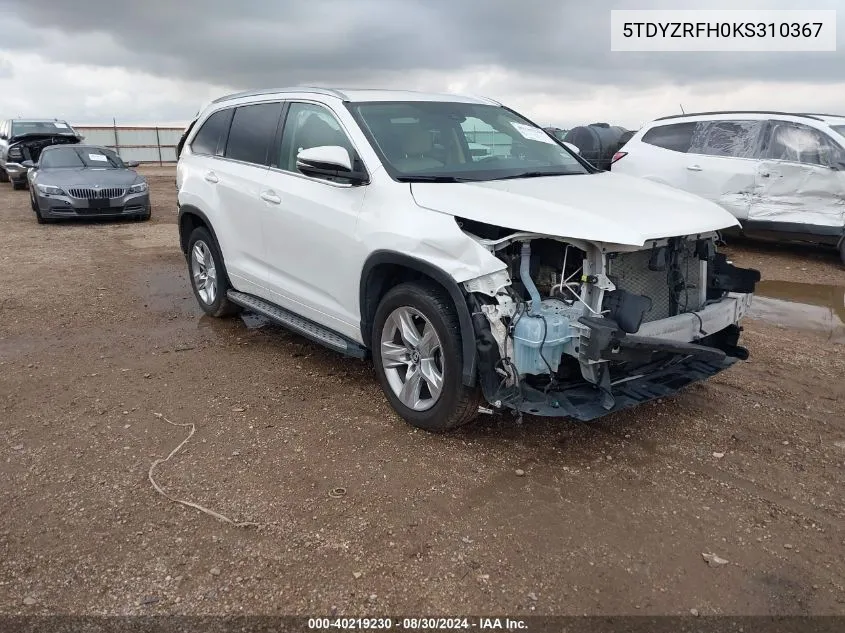 2019 Toyota Highlander Limited VIN: 5TDYZRFH0KS310367 Lot: 40219230