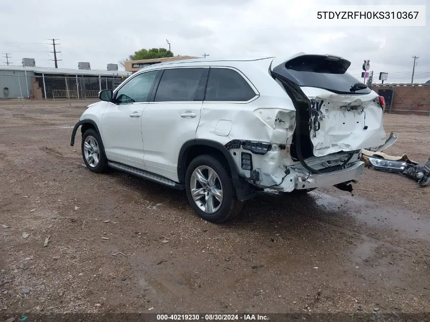 2019 Toyota Highlander Limited VIN: 5TDYZRFH0KS310367 Lot: 40219230