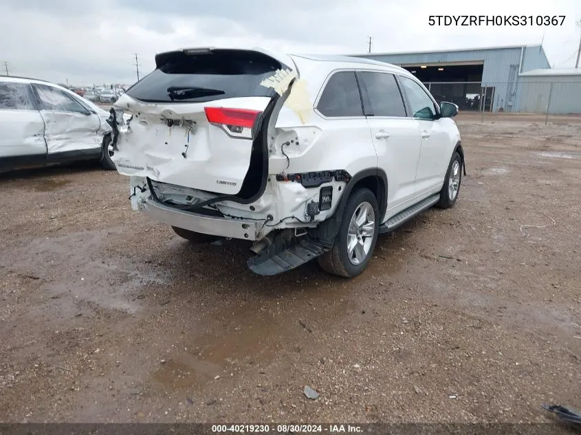 5TDYZRFH0KS310367 2019 Toyota Highlander Limited