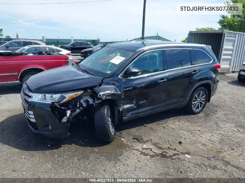 2019 Toyota Highlander Hybrid Xle VIN: 5TDJGRFH3KS077432 Lot: 40227513