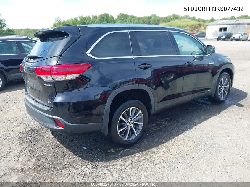 2019 Toyota Highlander Hybrid Xle VIN: 5TDJGRFH3KS077432 Lot: 40227513