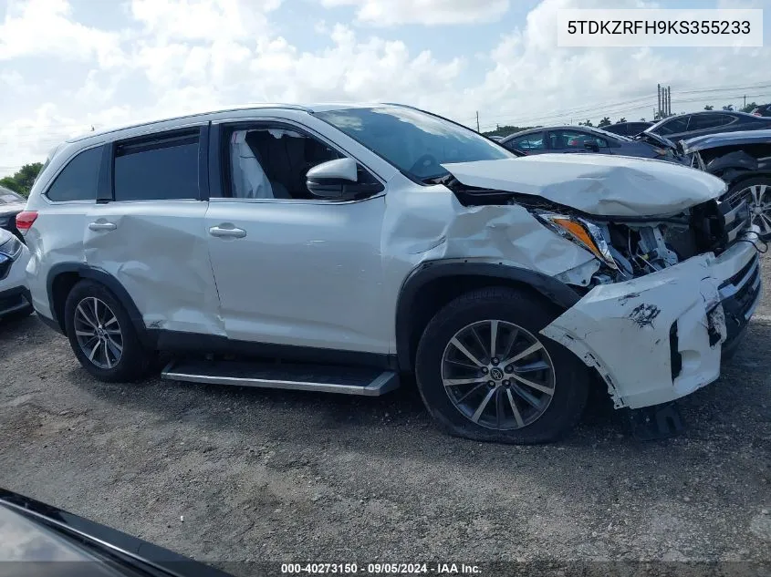 2019 Toyota Highlander Se/Xle VIN: 5TDKZRFH9KS355233 Lot: 40273150