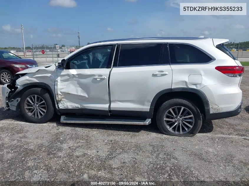 2019 Toyota Highlander Se/Xle VIN: 5TDKZRFH9KS355233 Lot: 40273150