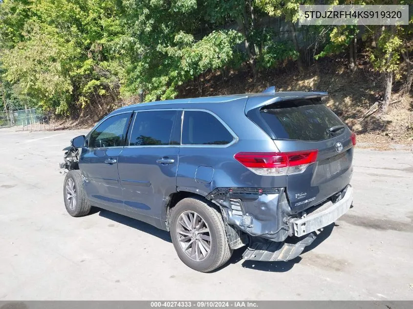 2019 Toyota Highlander Se/Xle VIN: 5TDJZRFH4KS919320 Lot: 40274333