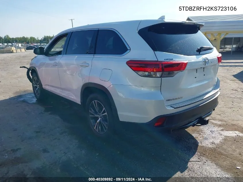 2019 Toyota Highlander Le Plus VIN: 5TDBZRFH2KS723106 Lot: 40309892