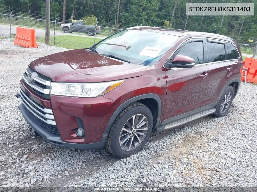 2019 Toyota Highlander Xle VIN: 5TDKZRFH8KS311403 Lot: 40314426