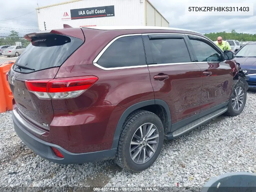 2019 Toyota Highlander Xle VIN: 5TDKZRFH8KS311403 Lot: 40314426