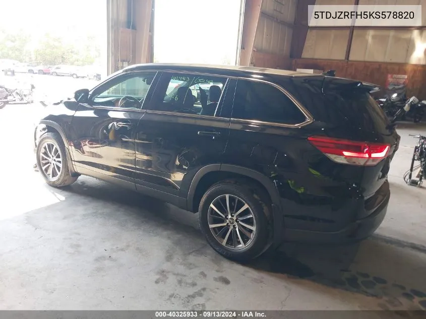 2019 Toyota Highlander Xle VIN: 5TDJZRFH5KS578820 Lot: 40325933