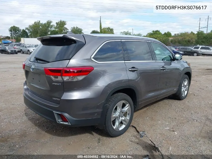 2019 Toyota Highlander Hybrid Limited VIN: 5TDDGRFH3KS076617 Lot: 40354582