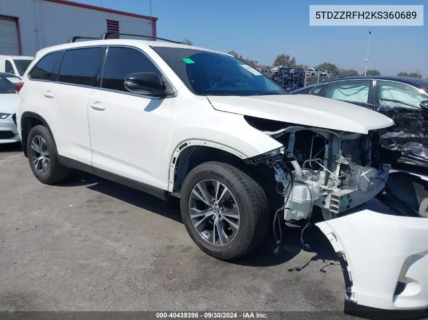 2019 Toyota Highlander Le/Le Plus VIN: 5TDZZRFH2KS360689 Lot: 40439398