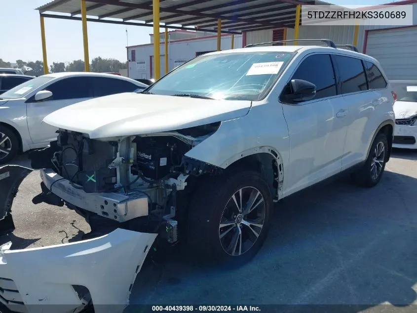 2019 Toyota Highlander Le/Le Plus VIN: 5TDZZRFH2KS360689 Lot: 40439398