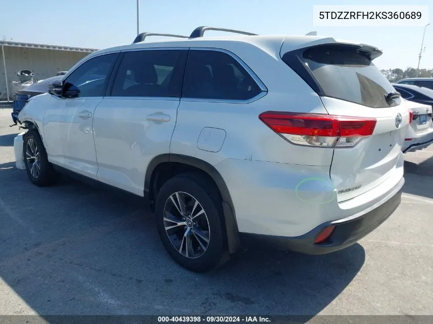 2019 Toyota Highlander Le/Le Plus VIN: 5TDZZRFH2KS360689 Lot: 40439398