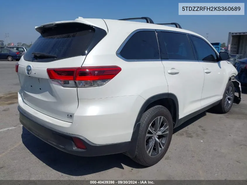 2019 Toyota Highlander Le/Le Plus VIN: 5TDZZRFH2KS360689 Lot: 40439398