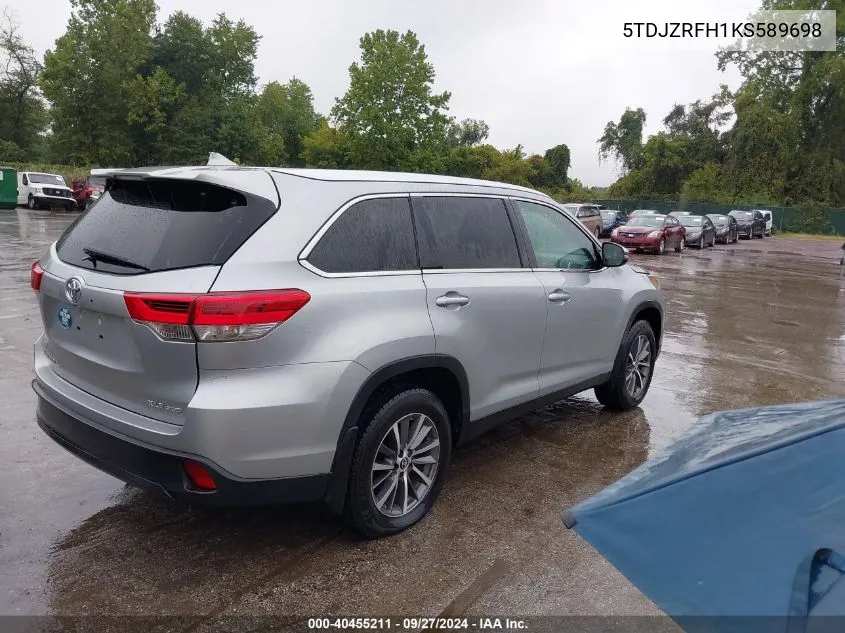 2019 Toyota Highlander Xle VIN: 5TDJZRFH1KS589698 Lot: 40455211