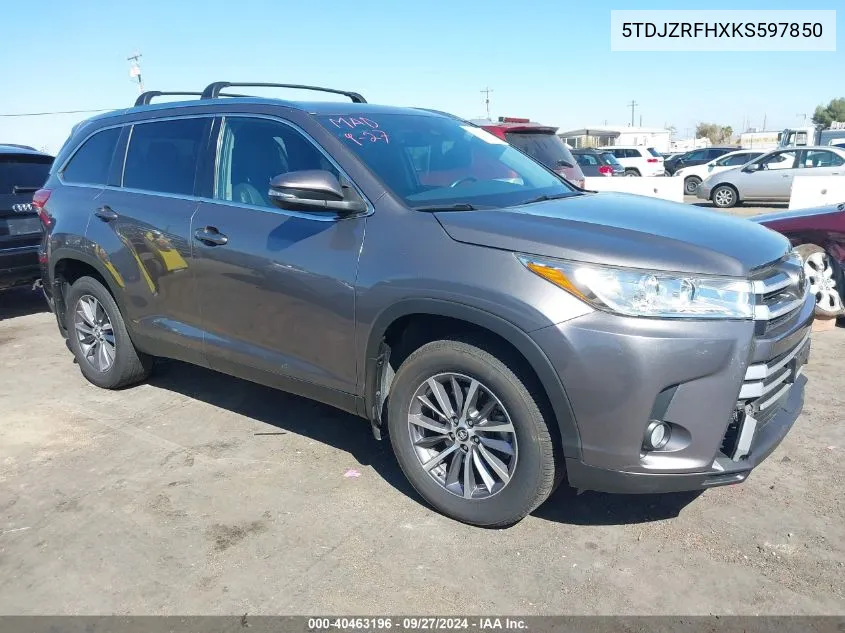 5TDJZRFHXKS597850 2019 Toyota Highlander Xle