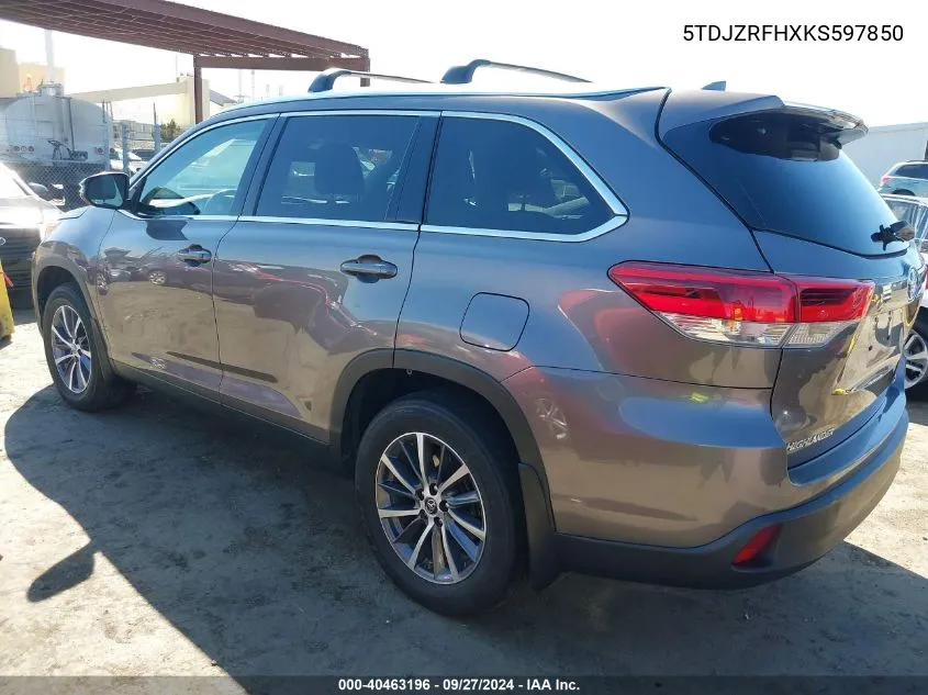 2019 Toyota Highlander Xle VIN: 5TDJZRFHXKS597850 Lot: 40463196