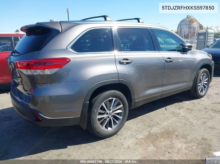 5TDJZRFHXKS597850 2019 Toyota Highlander Xle